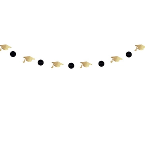 Detail of graduation garland with gold glitter mortarboard caps and black round paper discs