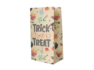 Detail of Halloween greaseproof paper bag with Trick or Treat print and festive candy patterns