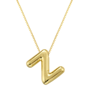 Detailed close-up of a glossy gold chubby balloon letter Z pendant with a box chain necklace
