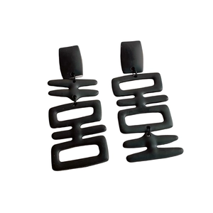 Matte black geometric earrings with traditional Chinese Xi character cutout design