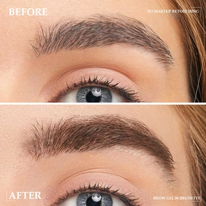 Before and after comparison of brow mascara in 06 Brunette for natural brow volume