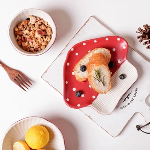 Cute red mushroom shaped ceramic plate with white polka dots for home kitchen dining