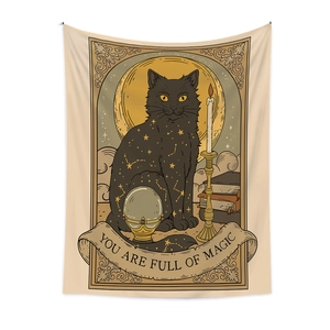 Bohemian black cat tapestry wall hanging with You Are Full Of Magic slogan