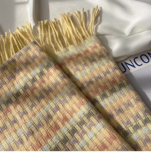 Close-up of rainbow plaid scarf showing yellow tassels and soft wool blend texture