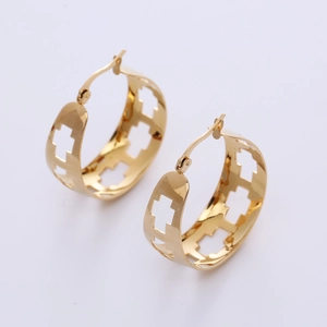Gold plated 18K hollow cross pattern wide hoop earrings in stainless steel