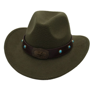 Vintage olive green woolen felt cowboy hat with star buckle and blue turquoise studs.