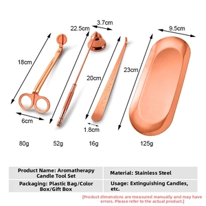 Detail of rose gold stainless steel candle care set with tray and tool dimensions