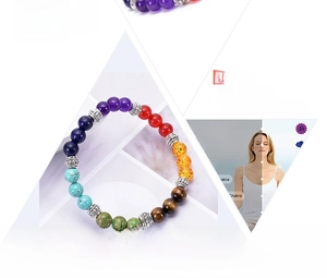Detail of seven chakra natural stone energy bracelet with lava and turquoise beads