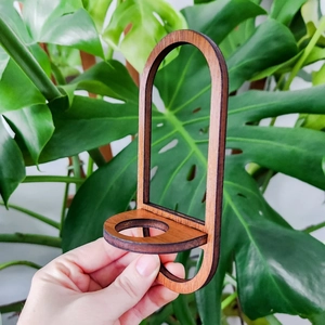 Detail of a minimalist arched wooden plant holder being held against a blurred leaf background