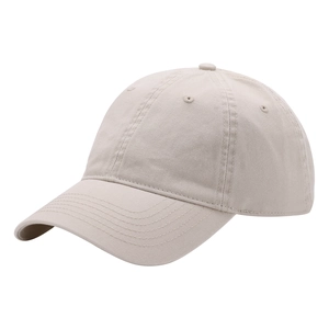 Detail shot of a beige cotton baseball cap featuring six-panel crown and embroidered eyelets
