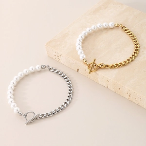 Gold and silver titanium steel pearl cuban chain bracelet with OT toggle clasp set