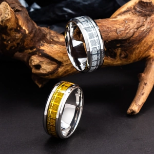 Vintage cross steel ring for men with glitter texture inlay on artistic wood