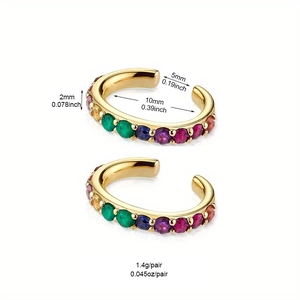 Colorful zircon gold ear cuffs with 10mm inner diameter and multicolor crystal gems