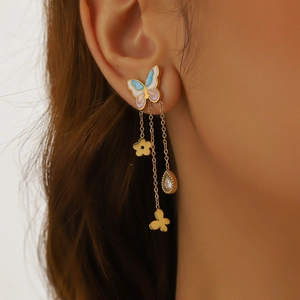 Golden butterfly tassel earrings with colorful gradient wings and sparkling rhinestones