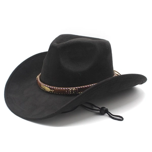 Black faux suede western cowboy hat with ethnic braided band and adjustable wind strap