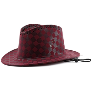 Red and black checkered western cowboy hat with wide brim and adjustable chin strap