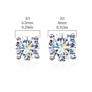 925 silver moissanite stud earrings showing 1ct and 2ct size comparison in millimeters