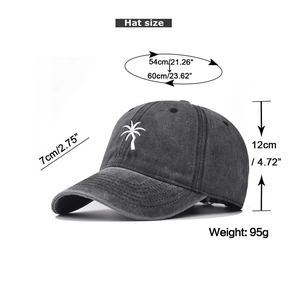 Size chart showing dimensions for washed grey baseball cap with palm tree embroidery