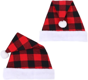 Detail of red and black buffalo plaid Santa hats with soft white faux fur trim and pom poms