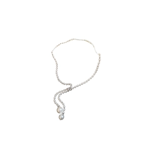 Vintage style Y-shaped pearl necklace with silver chain and glass bead drop pendant