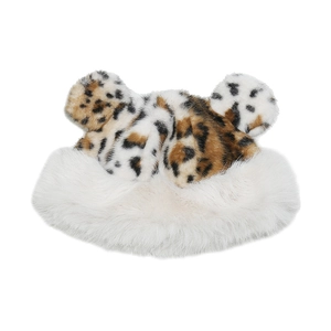 Detailed close-up of leopard print faux fur plush hat with cute bear ears and thick lining