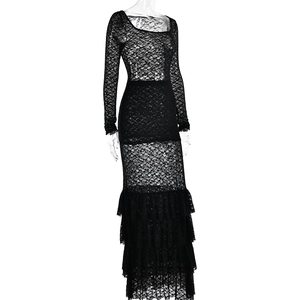 Detail view of black lace maxi dress featuring long sleeves and sheer layered ruffles