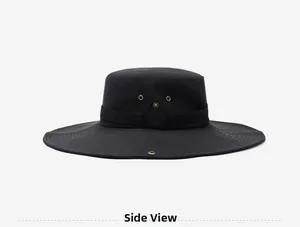 Side view of wide-brim black sun hat with metal eyelets and reinforced stitching detail