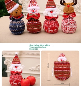 Detailed view of Christmas knit drawstring gift bags with dimensions and four cartoon characters