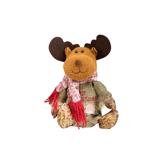 Christmas reindeer plush doll with red plaid scarf and Merry Christmas embroidery