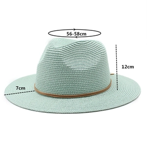 Detailed view of mint green fedora straw hat with 7cm brim and size dimensions