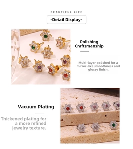 Detail of flower stud earrings featuring multi-color crystals and vacuum plating finish
