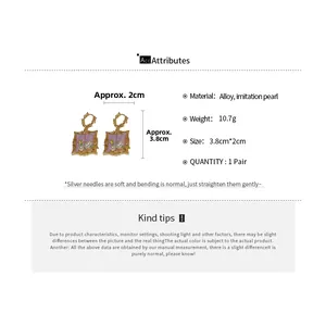 Detailed view of vintage square purple earrings with pearls, size 3.8cm by 2cm dimensions