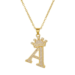 Golden crown initial A pendant necklace in stainless steel with sparkling white zircons