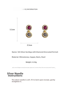 Detail showing 5.5cm vintage portrait coin earrings with 925 silver pins and rhinestones