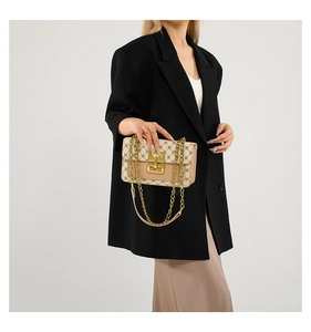 Détail du sac rétro beige avec bordure en cuir et bandoulière en chaîne dorée chic