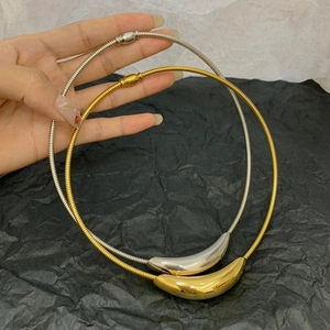 Titanium steel snake chain necklace with curved metal pendant in gold and silver finish