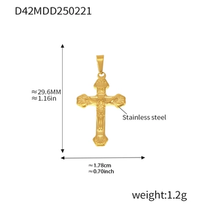 Detail view of 18K gold plated stainless steel Jesus cross pendant with dimensions