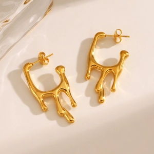 Golden stainless steel lava drop earrings with irregular molten metal liquid design