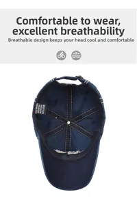 Detail of blue cotton baseball cap interior showing reinforced stitching and breathability