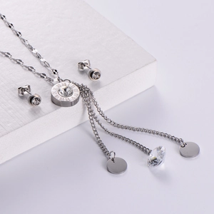 Silver titanium steel jewelry set with Roman numeral ring pendants and tassel zircon details