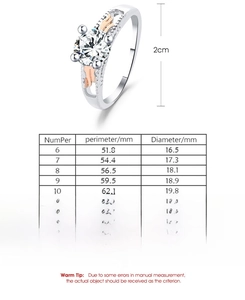 Detailed size chart for angel wing zircon ring showing US sizes 6 to 10 measurements