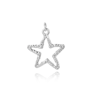 Detailed view of silver star pendant with textured surface and hollow center for DIY jewelry