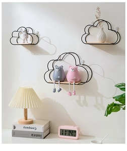 Cloud-shaped wall shelves with black metal frames and wood bases for home storage