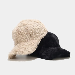 Winter plush baseball cap in beige and black with thick faux rabbit fur and cozy warmth