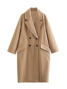 Detail of camel wool trench coat showing notch lapels and double-breasted buttons