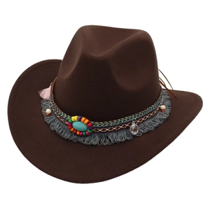 Ethnic Western Cowboy Fedora Hat With Turquoise Tassel Woven Band Wide Brim Jazz Hat For Women Outdoor Sunshade Retro Hat
