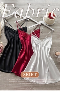 Three elegant satin nightgowns in black, red and white with delicate lace necklines