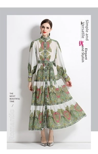 Detail of high stand collar and vintage bohemian floral print on long-sleeved dress