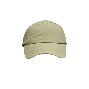 Detail showing the light olive green quick-dry fabric and precise stitching of the baseball cap