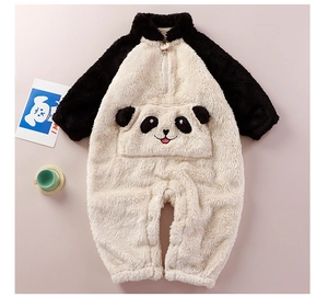 Detailed flat lay of warm panda-themed baby winter romper with front zipper and pocket